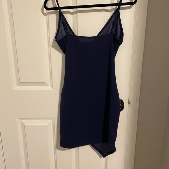 Navy Ruched Side Asymmetrical V Neck Bodycon Cami Dress‎ - Size Medium - Picture 6 of 7